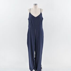 GANNI Jumpsuit Womens Size 42 Navy Blue Stripe Spaghetti Strap V‎ Neck Wide Leg